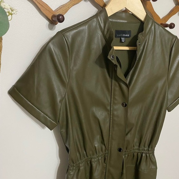 Lucy Paris Women’s Green Zip Faux Leather Utility A-Line Mini Dress - Picture 4 of 5
